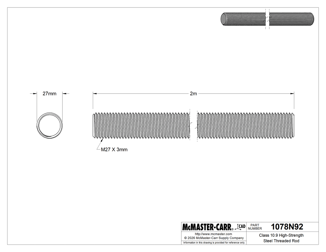 Technical Drawing of Class 10.9 High-Strength Steel Threaded Rod, M27 x 3 mm Thread Size, 2 M Long.